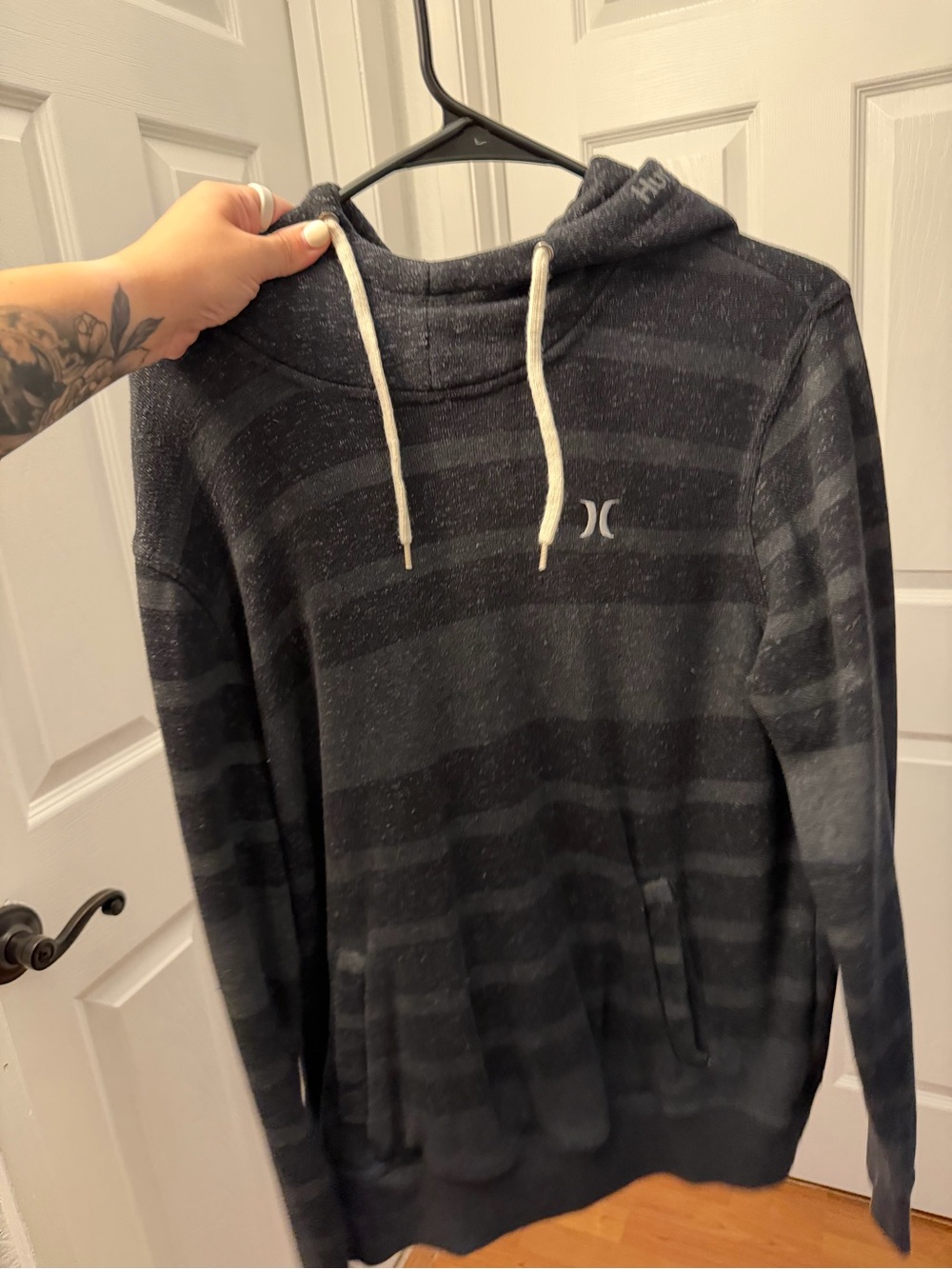 Hurley Black and Dark Gray Striped Pullover Hoodie